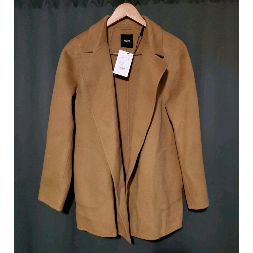 Theory Sileena Women Coat Tan Buckwheat Winsome 2 Wool Cashmere Jacket Large NWT - Picture 3 of 11